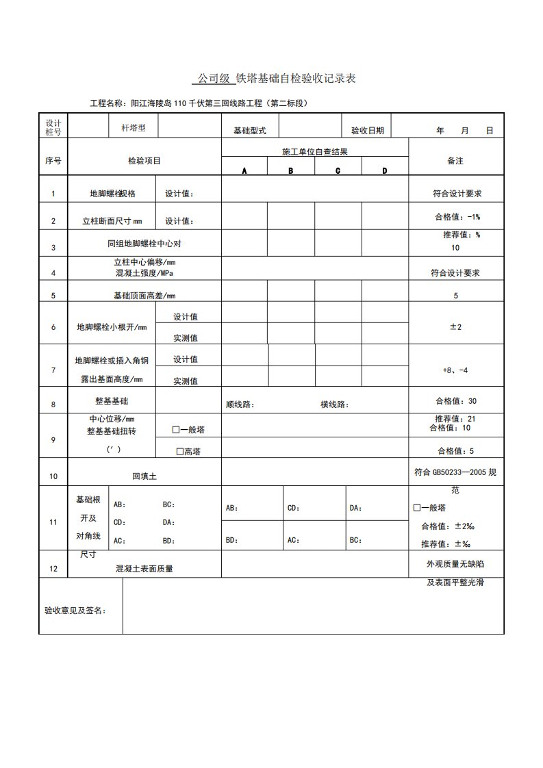 铁塔基础自检验收记录表