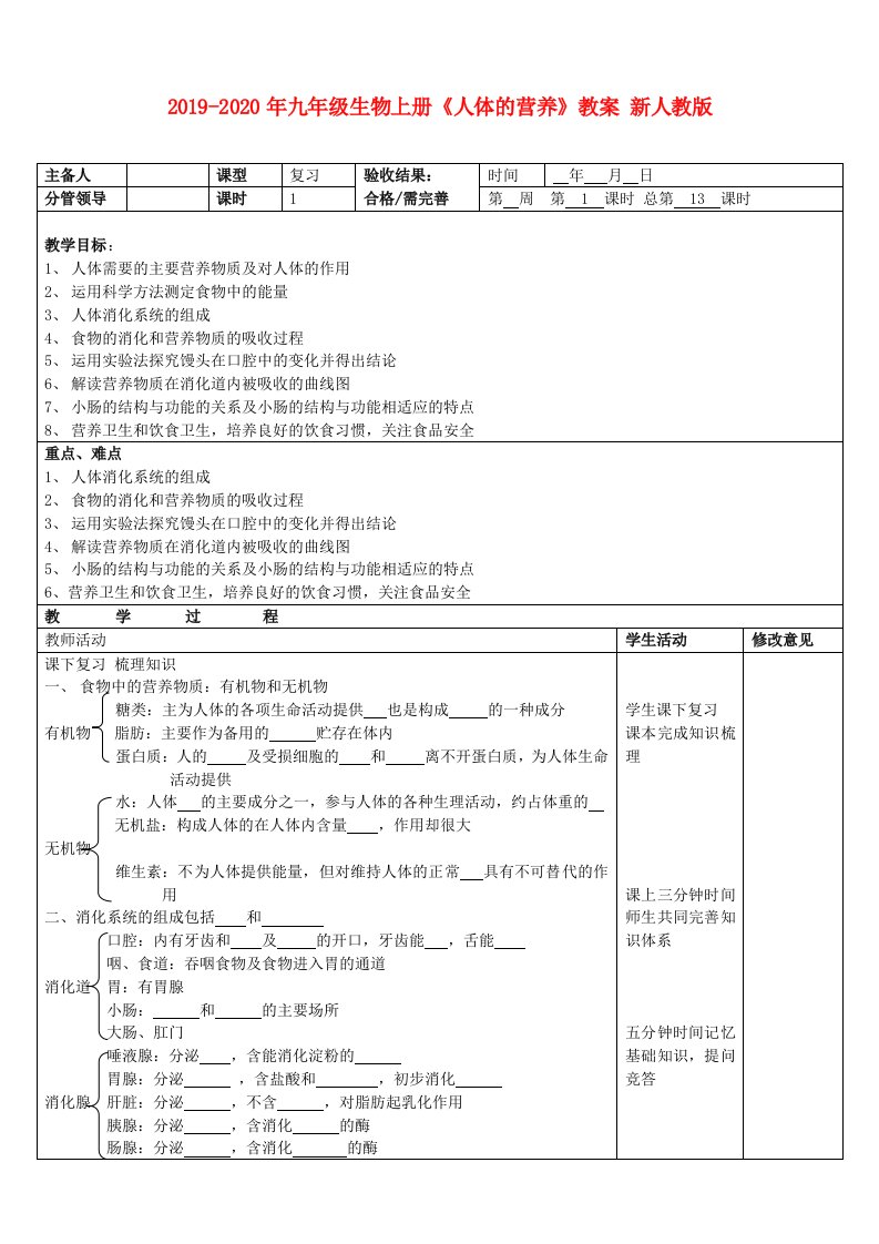 2019-2020年九年级生物上册《人体的营养》教案