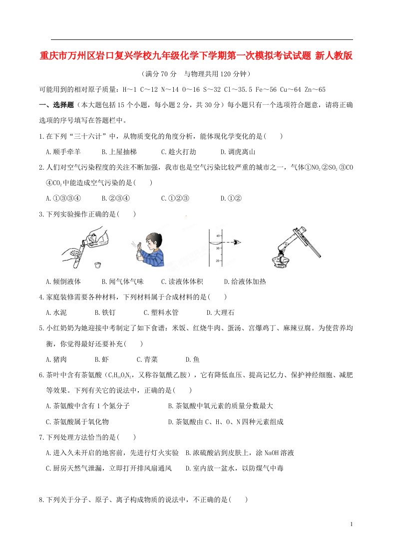 重庆市万州区岩口复兴学校九级化学下学期第一次模拟考试试题（无答案）