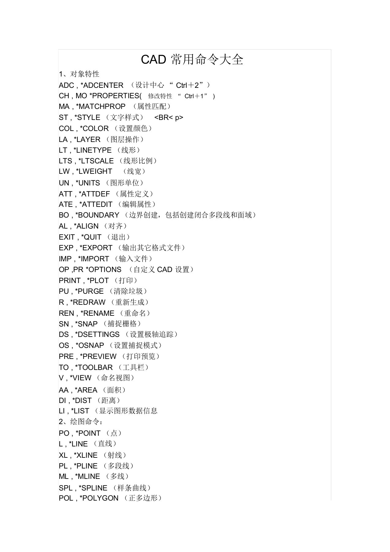 CAD常用命令大全(完整版)