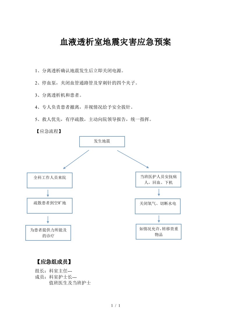 血液透析室地震灾害应急预案