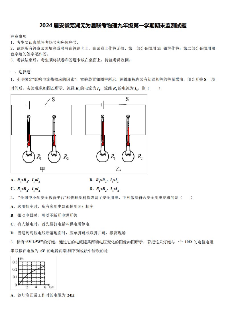 2024届安徽芜湖无为县联考物理九年级第一学期期末监测试题含解析