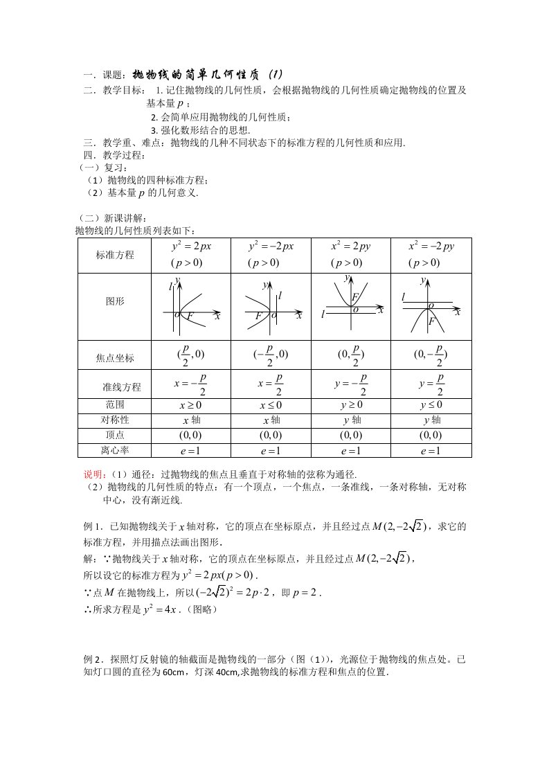 高二数学教案：抛物线的简单几何性质