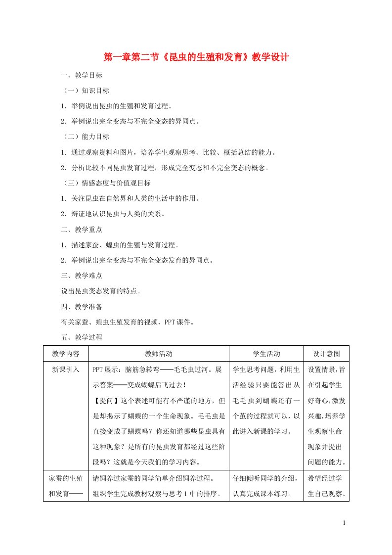 八年级生物下册第七单元生物圈中生命的延续和发展第一章生物的生殖和发育第二节昆虫的生殖和发育教学设计1新版新人教版