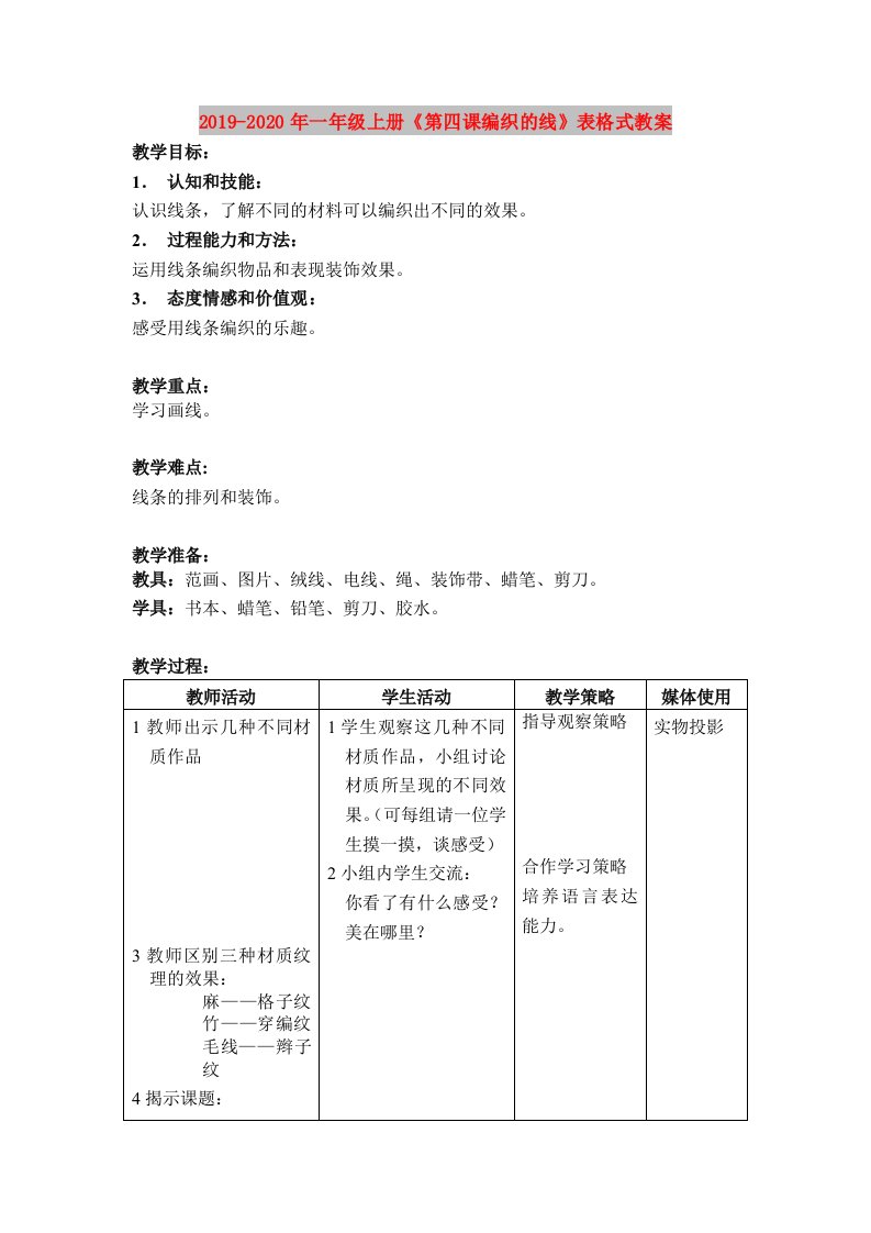 2019-2020年一年级上册《第四课编织的线》表格式教案