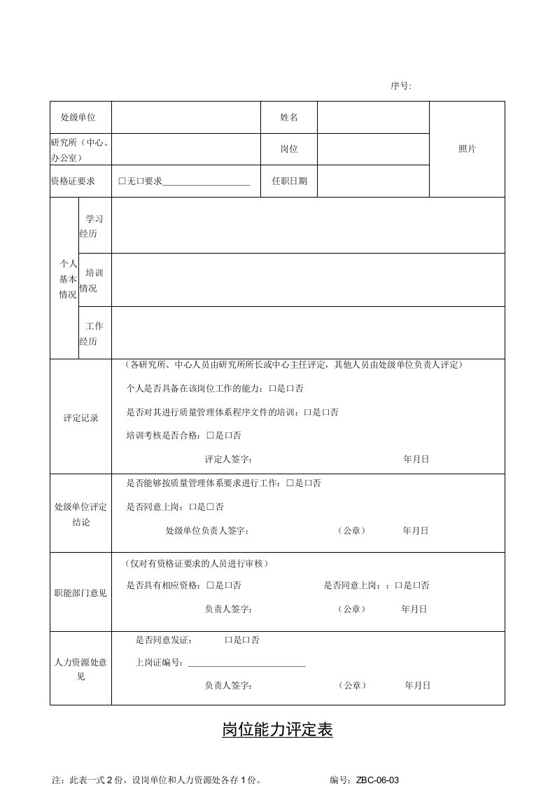 人力资源管理程序表格_岗位能力评定表