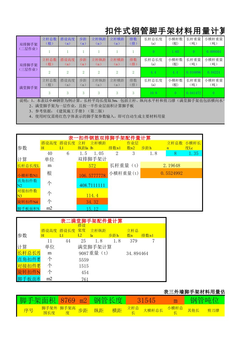 扣件式钢管脚手架材料用量计算软件Excel版