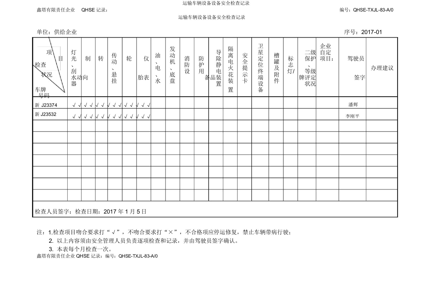 运输车辆设施设备安全检查记录