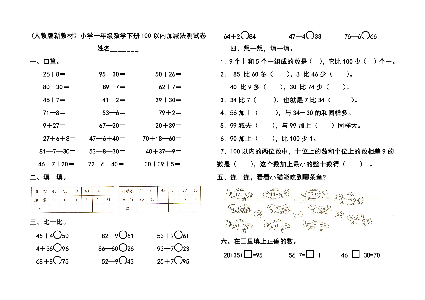 【小学中学教育精选】2013人教版小学一年级数学下册100以内加减法测试卷