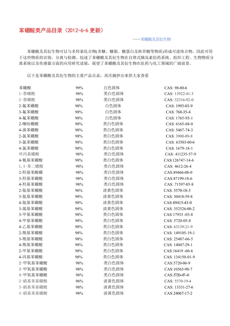 四季化学苯硼酸以及衍生物目录信息