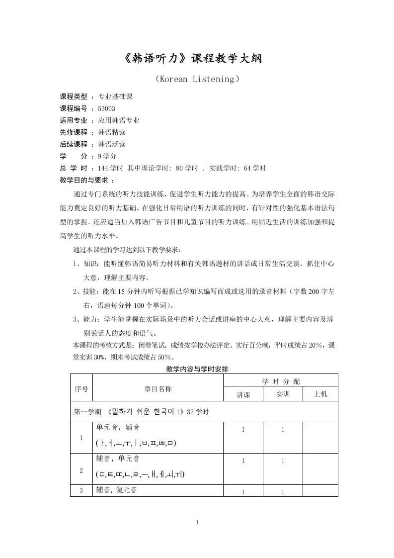 精品文档-《韩语听力》课程教学大纲