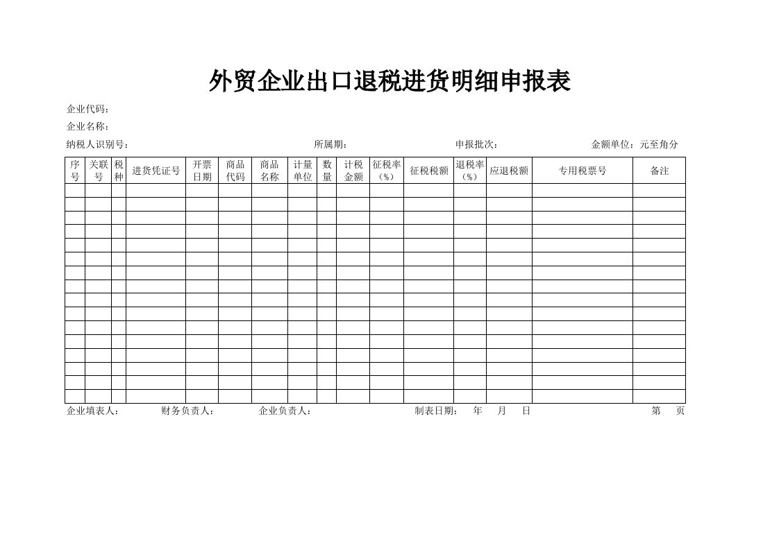 外贸企业出口退税进货明细申报表