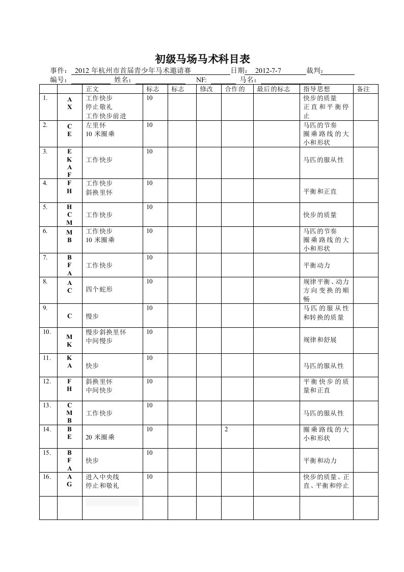 初级马场马术科目表