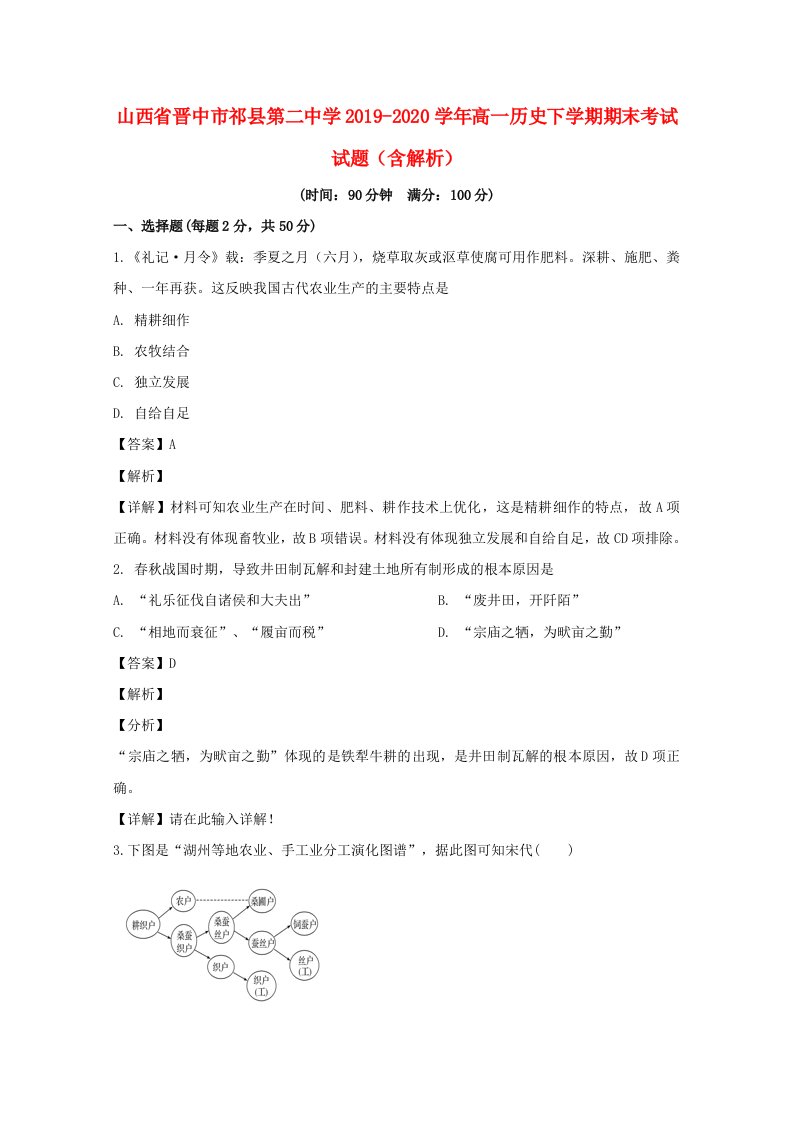 山西省晋中市祁县第二中学2019_2020学年高一历史下学期期末考试试题含解析