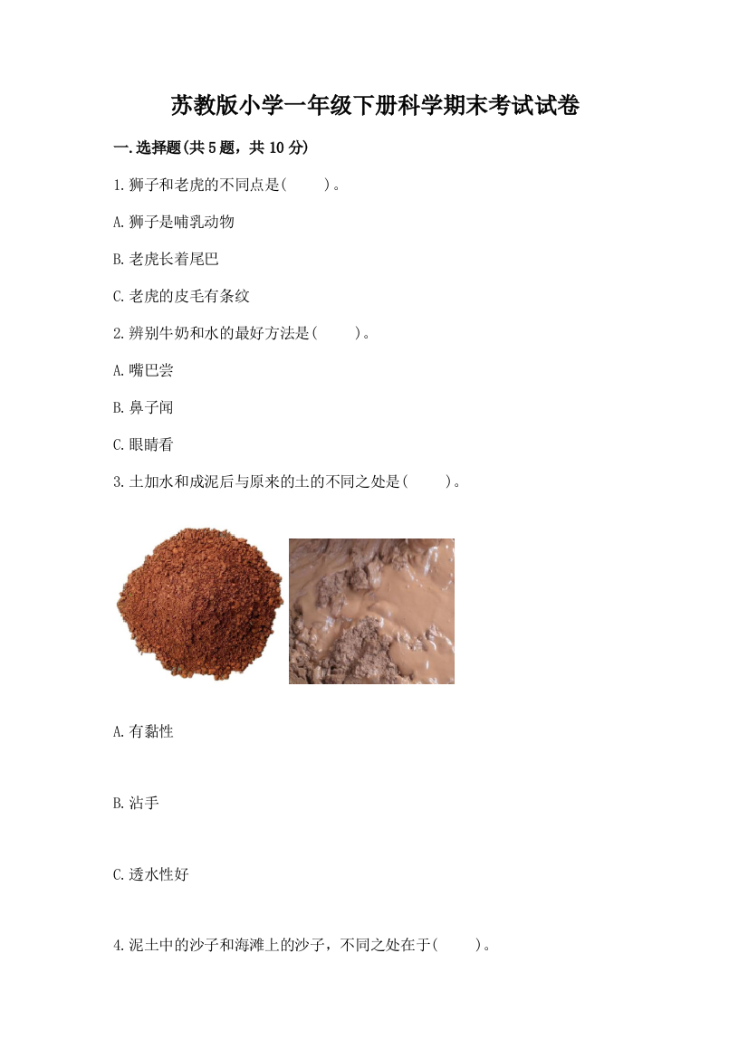 苏教版小学一年级下册科学期末考试试卷附答案(巩固)