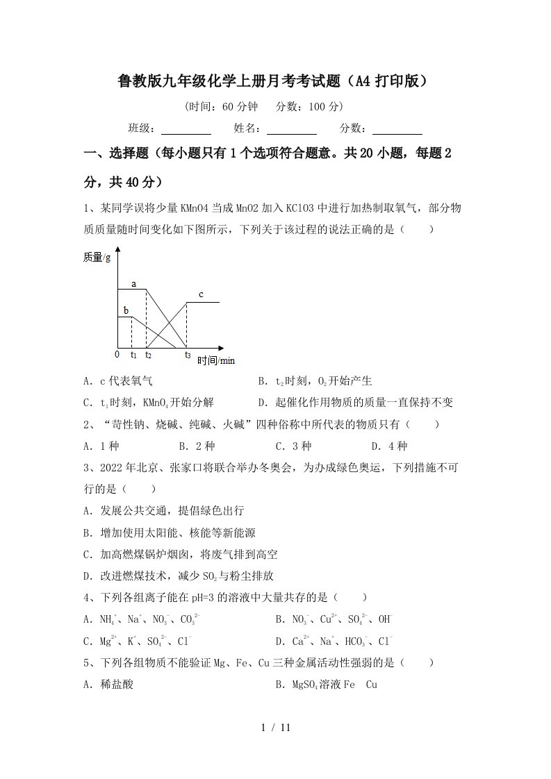 鲁教版九年级化学上册月考考试题A4打印版