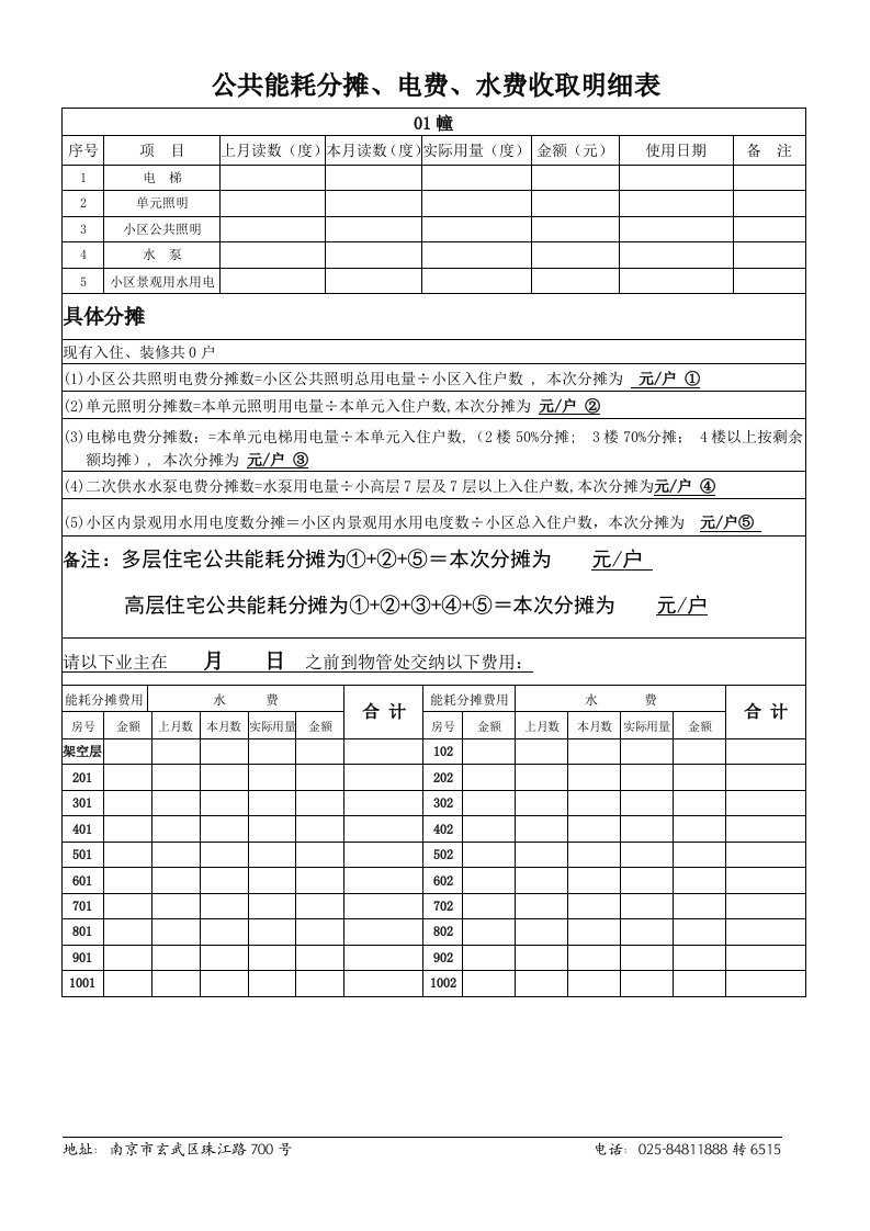 公共能耗分摊、电费、水费收取明细表