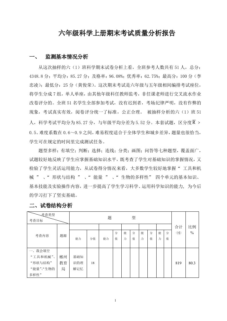 六年级科学上册期末考试质量分析报告