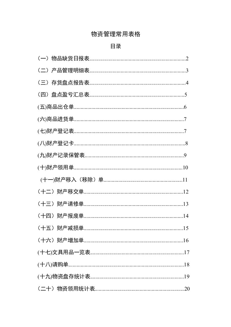 物资管理常用表格