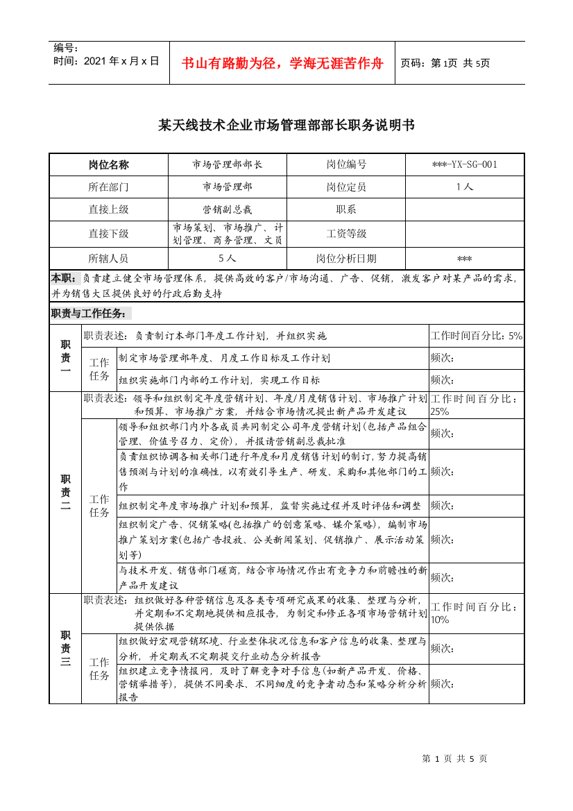 市场管理部部长职务说明书