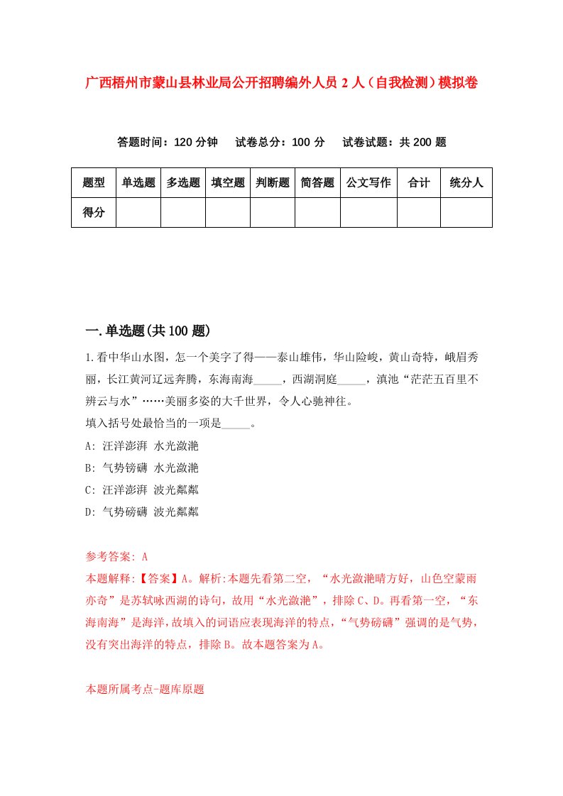 广西梧州市蒙山县林业局公开招聘编外人员2人自我检测模拟卷第0期