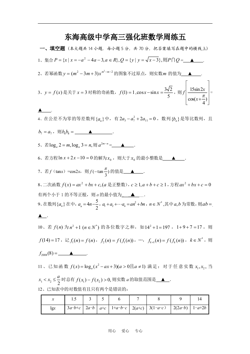 2008-2009年度第一学期江苏省东海高级中学高三数学强化班周练五