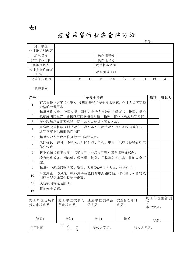 起重吊装作业安全许可证