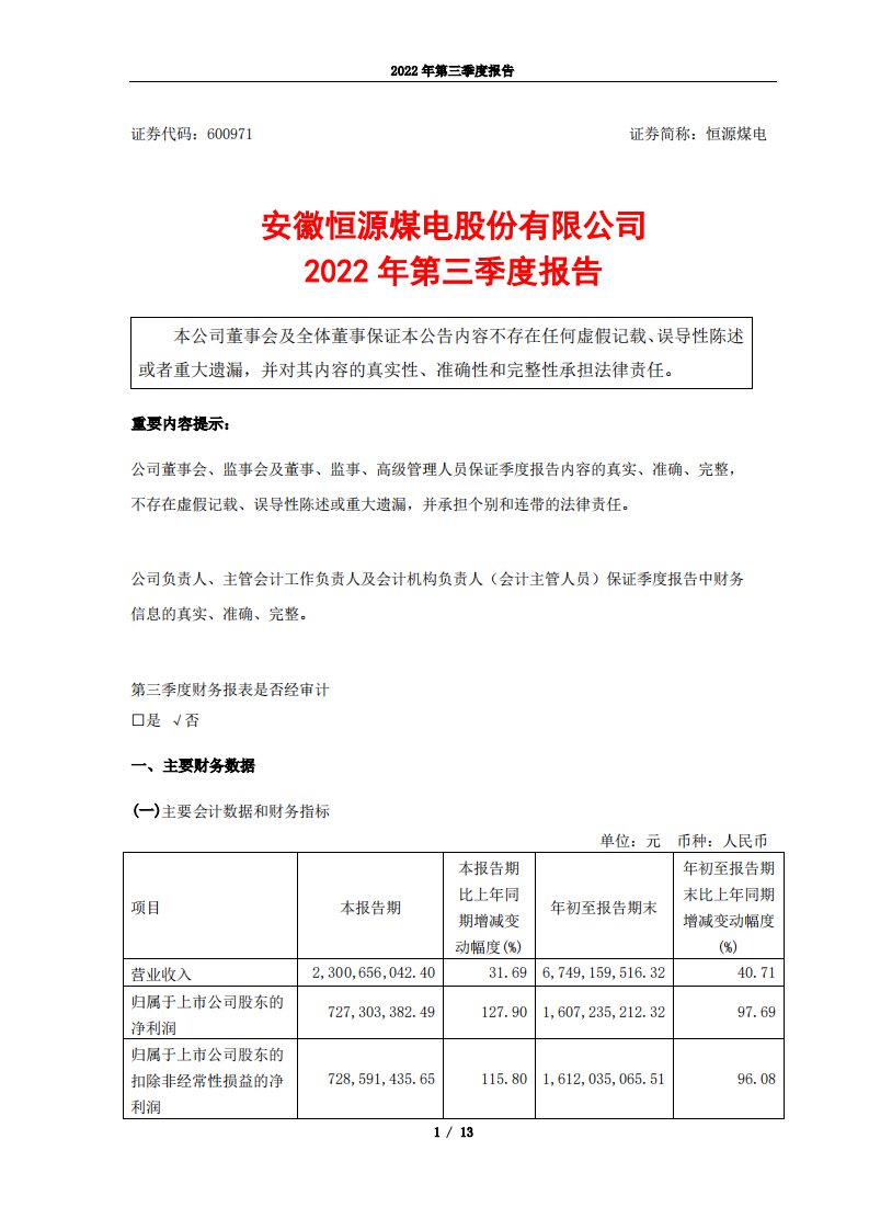 上交所-恒源煤电2022年第三季度报告-20221028