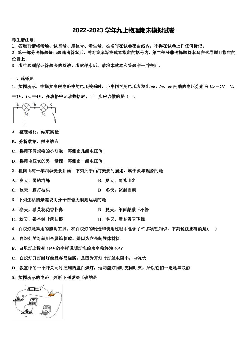 河北省廊坊市2022-2023学年九年级物理第一学期期末教学质量检测模拟试题含解析