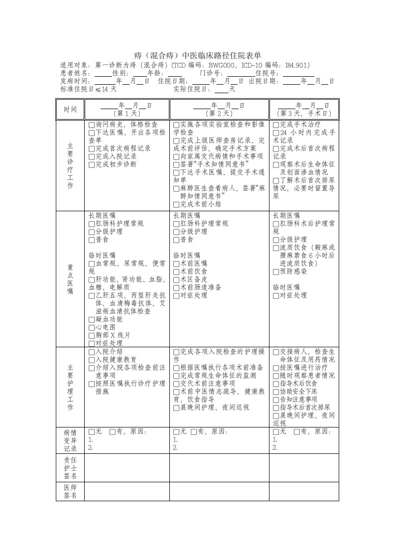 痔(混合痔)中医临床路径住院表单