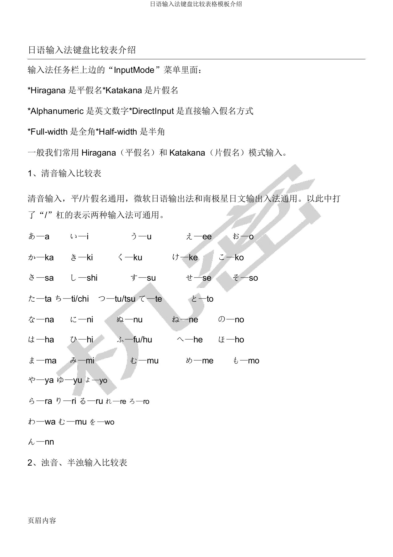 日语输入法键盘对照表格模板介绍