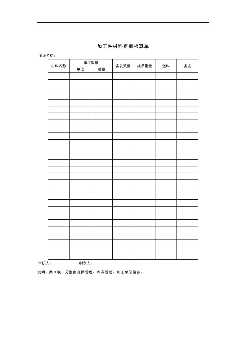 【管理精品】加工件材料定额核算单