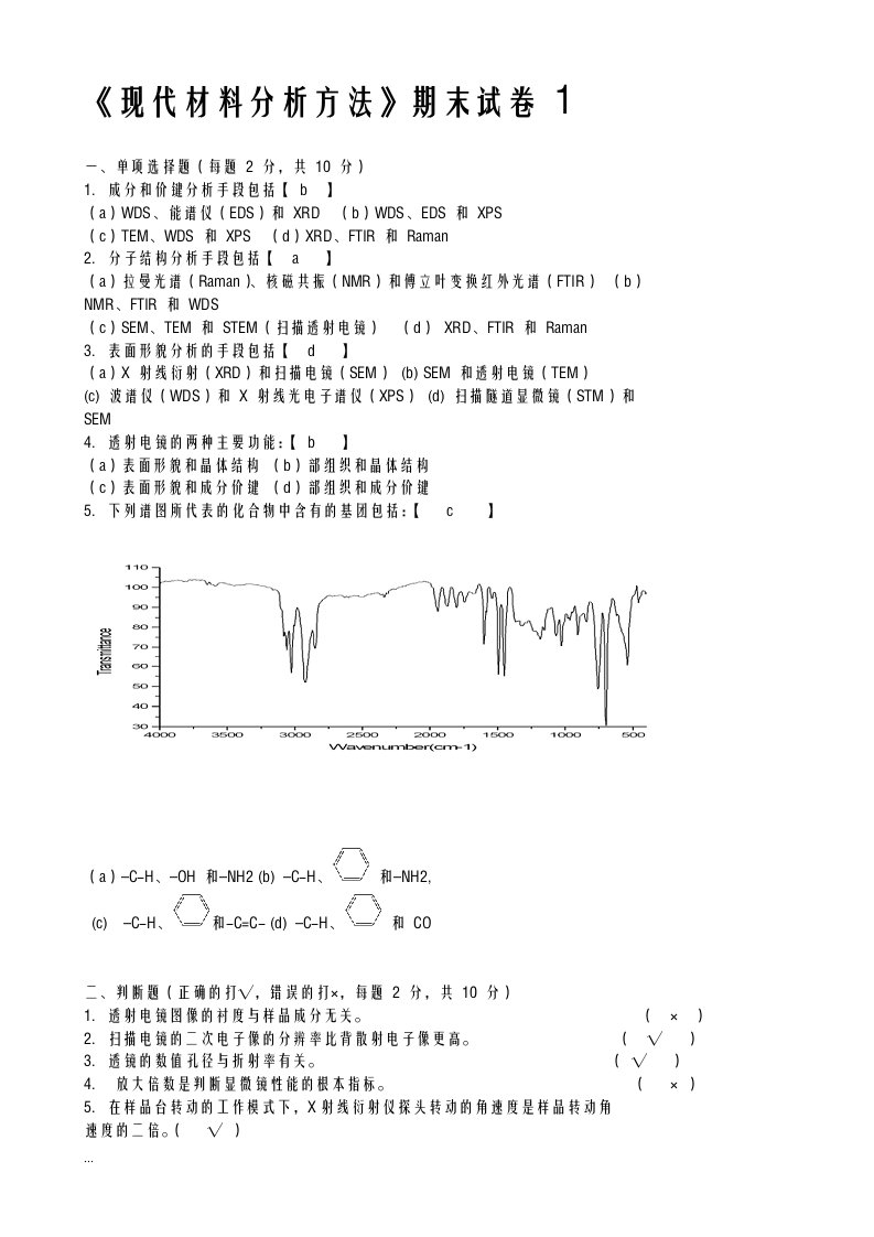 现代材料分析方法试题及答案