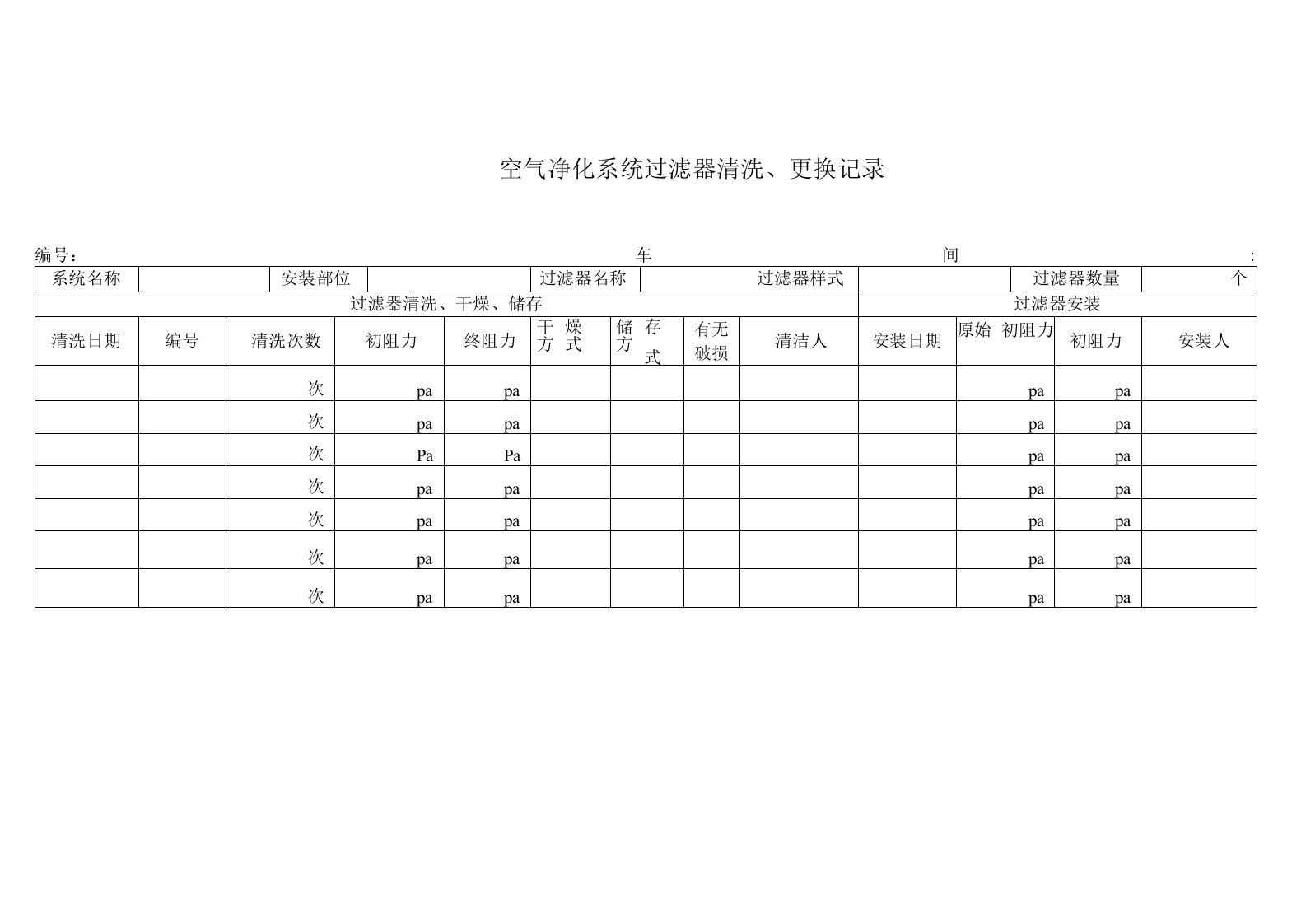 空气净化系统初、中效过滤器的清洁记录