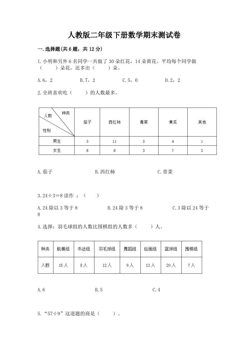 人教版二年级下册数学期末测试卷（历年真题）