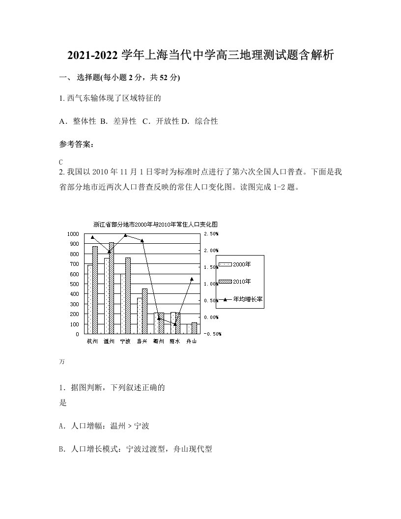 2021-2022学年上海当代中学高三地理测试题含解析