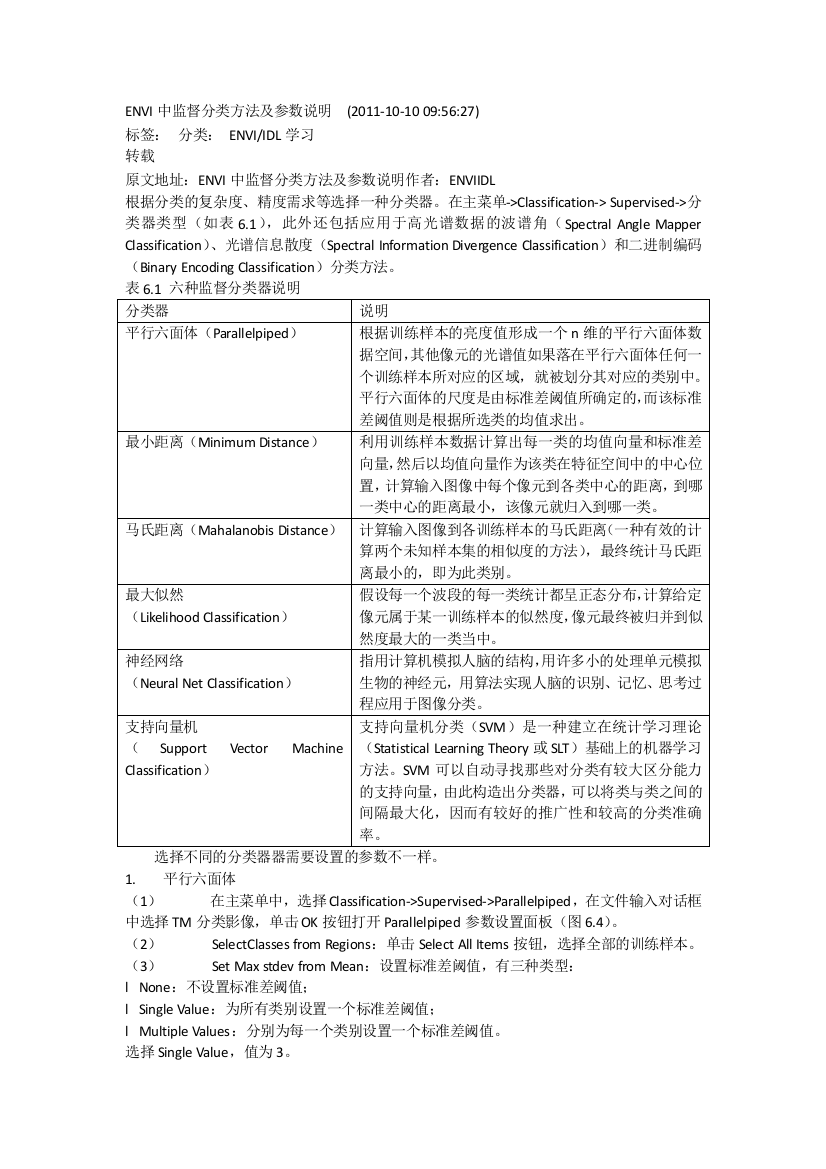 ENVI中监督分类方法及参数说明