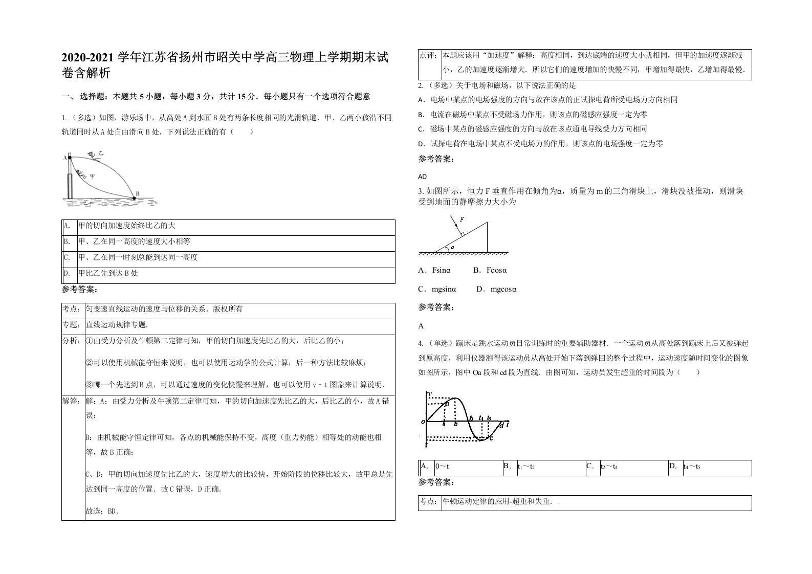 2020-2021学年江苏省扬州市昭关中学高三物理上学期期末试卷含解析