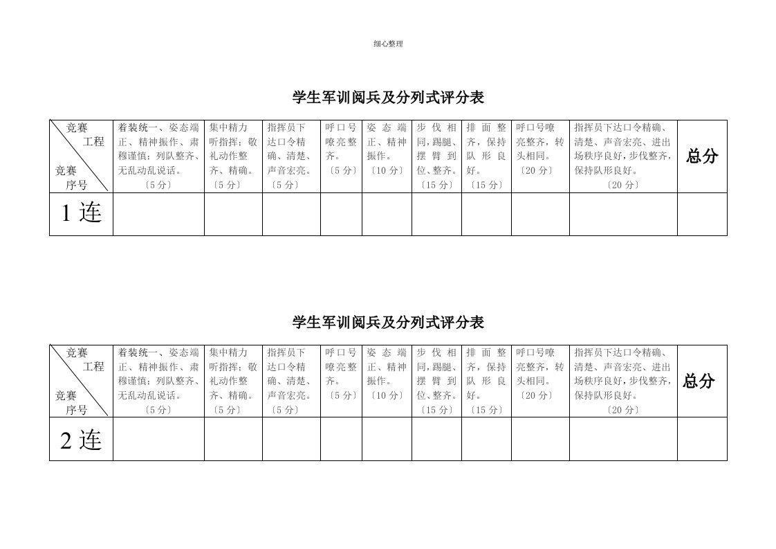 学生军训阅兵及分列式评分表