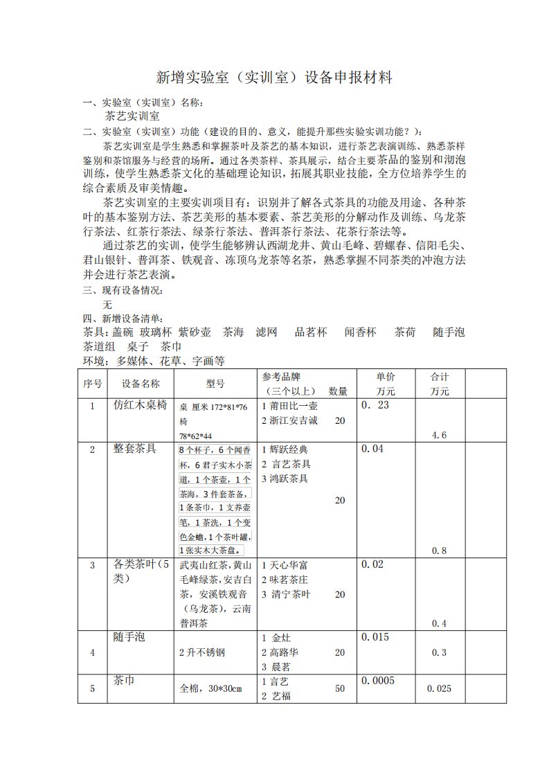 茶艺实训室申报