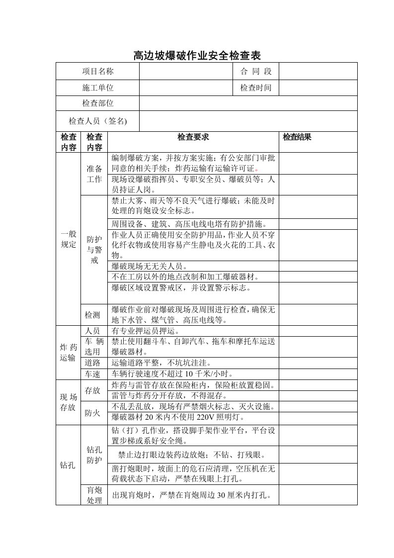 高边坡爆破作业安全检查表