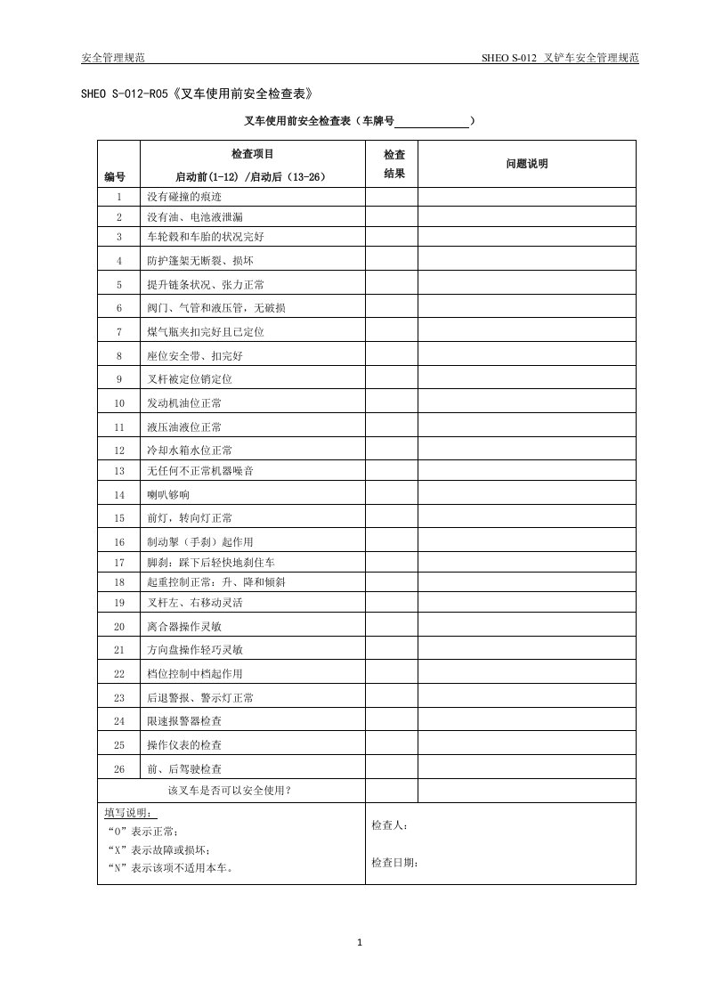 叉车使用前安全检查表