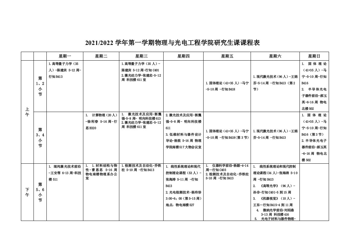 20212022学年第一学期物理和光电工程学院研究生课课程表