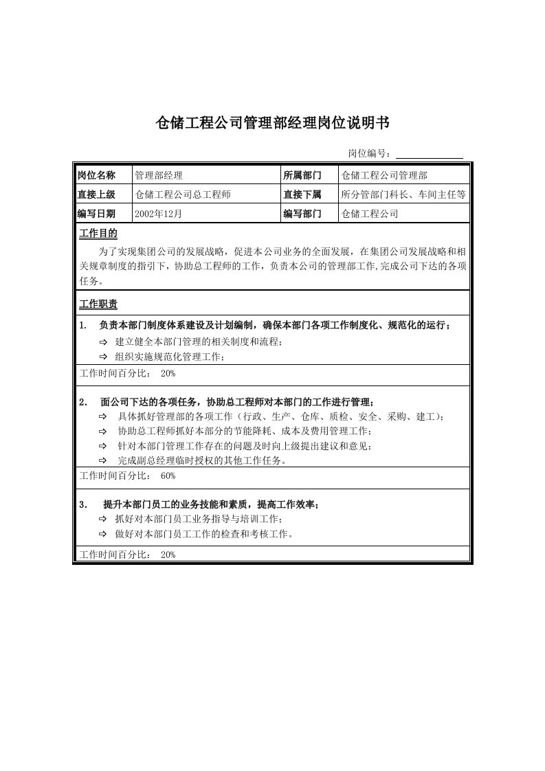 仓储工程公司管理部经理岗位说明书