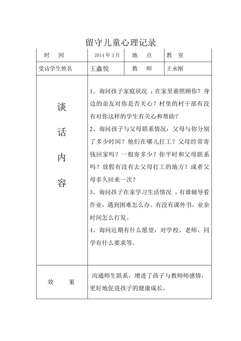 留守儿童交心谈心记录