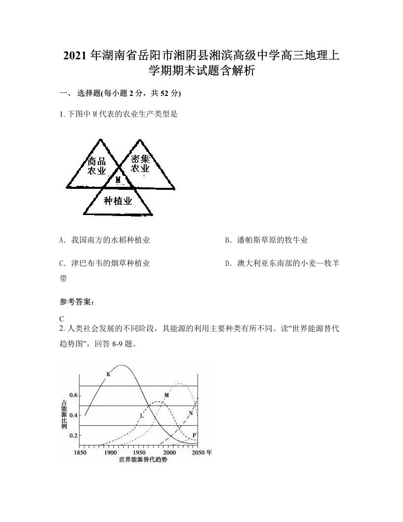 2021年湖南省岳阳市湘阴县湘滨高级中学高三地理上学期期末试题含解析