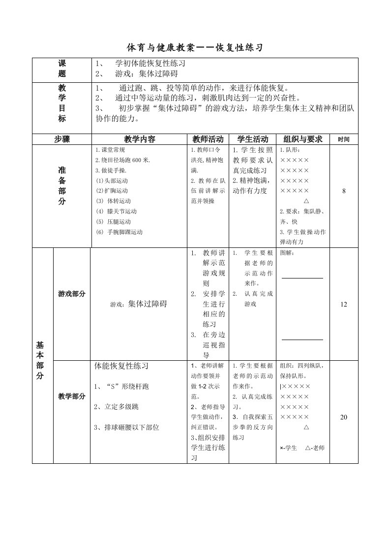 体育与健康教案――恢复性练习-word资料(精)