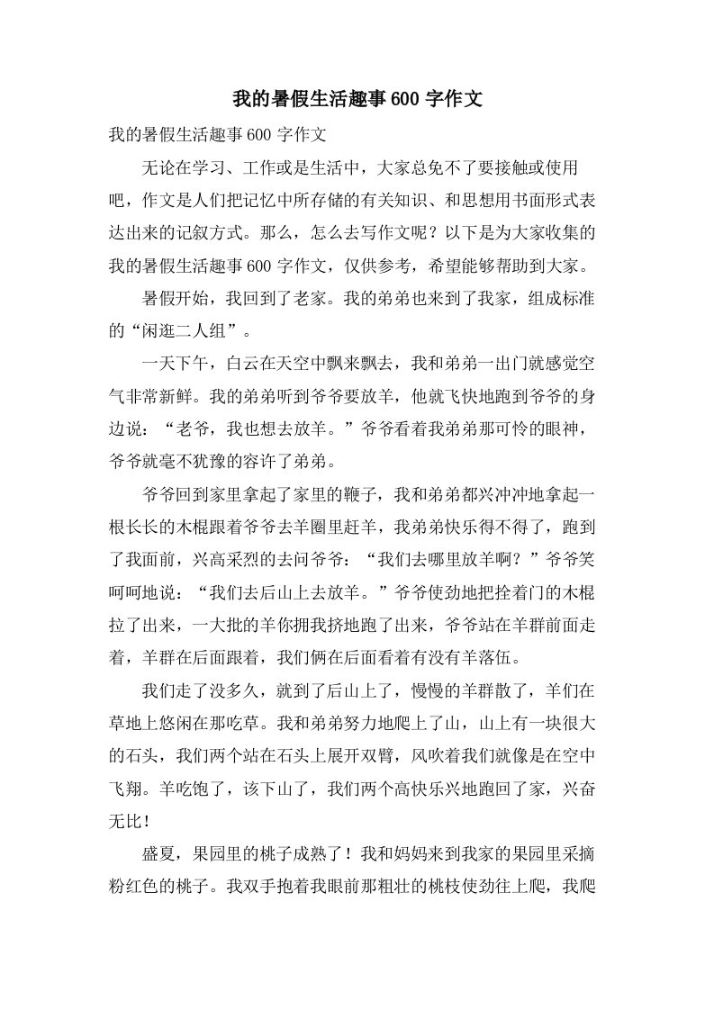 我的暑假生活趣事600字作文