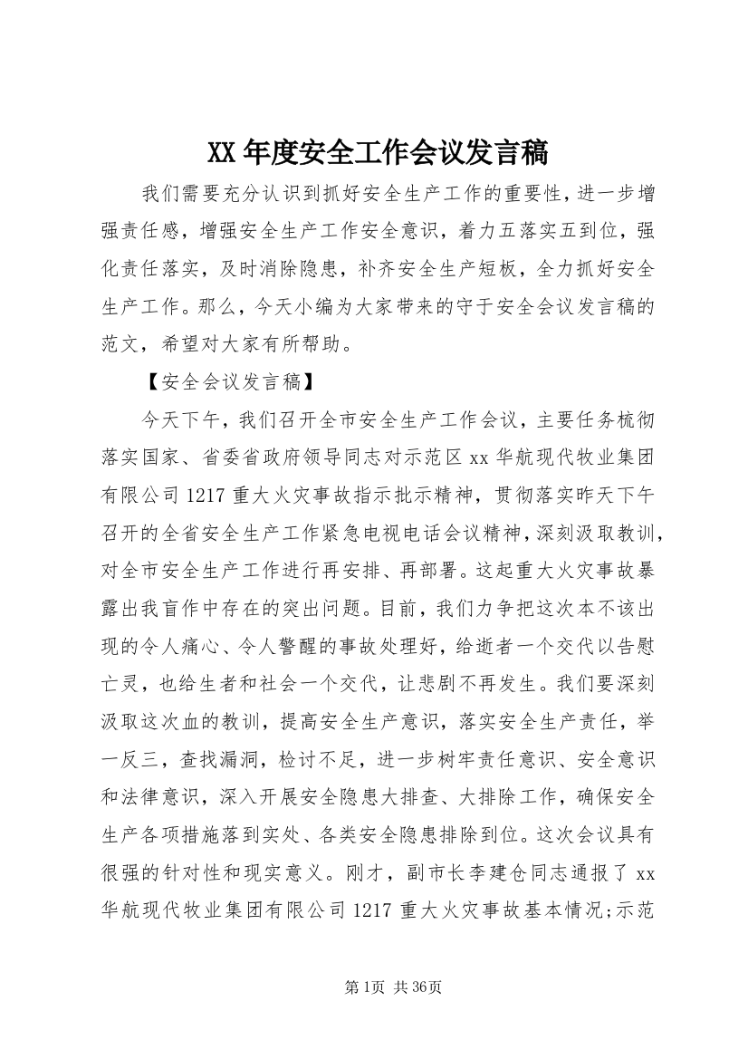 XX年度安全工作会议发言稿