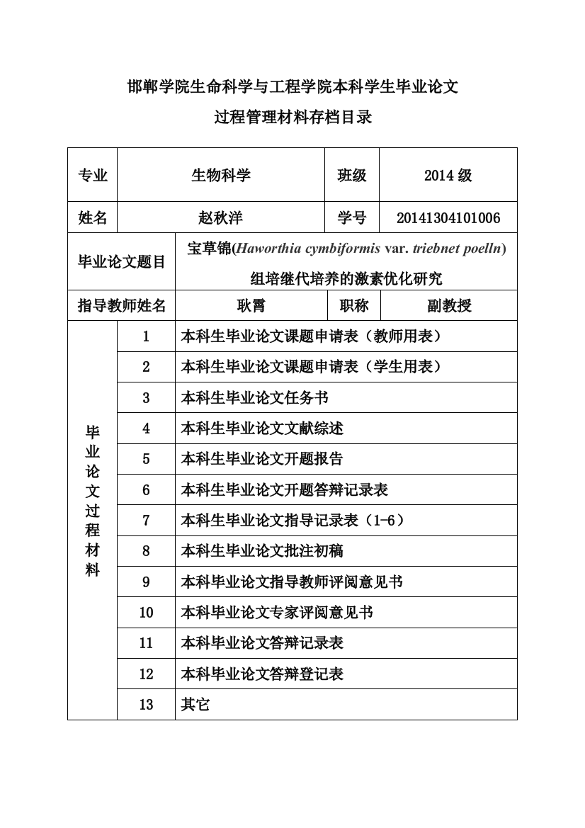 耿霄-赵秋洋-邯郸学院生物技术毕业论文目录